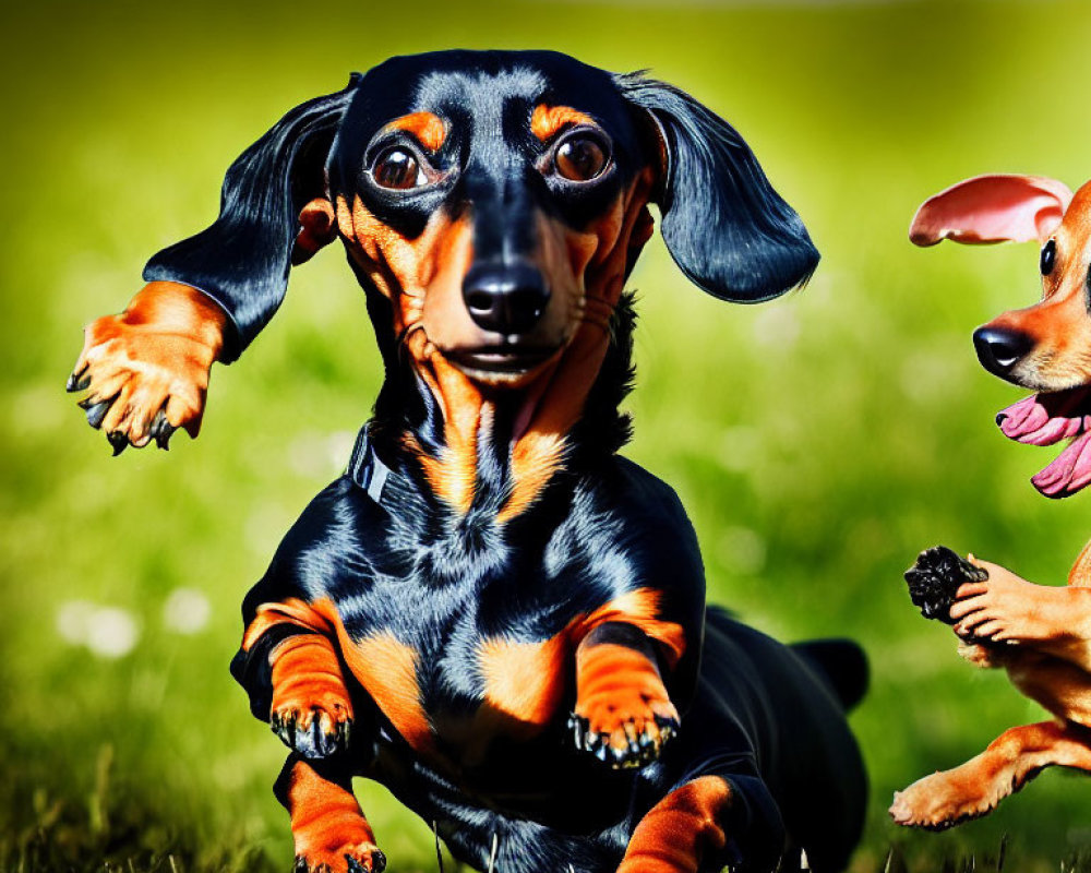 Two playful dachshunds on grass, one sitting and the other jumping beside it.