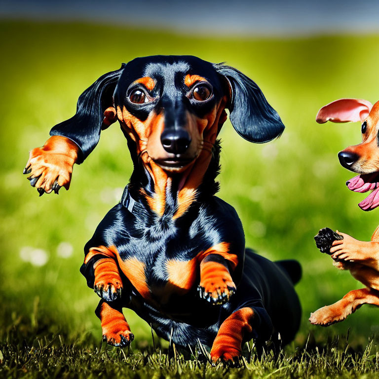 Two playful dachshunds on grass, one sitting and the other jumping beside it.