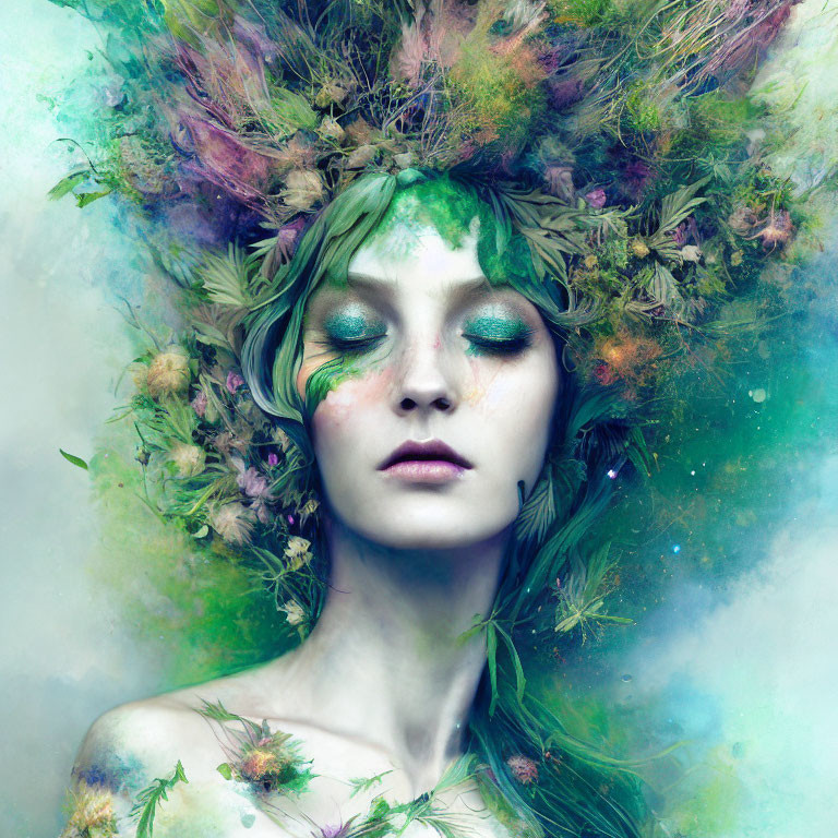 Portrait of person with green artistic makeup and floral headpiece on misty blue background