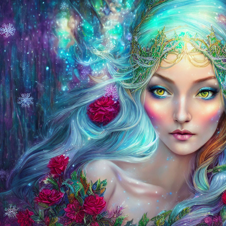 Fantasy portrait: Woman with silver hair and red roses, green tiara, cosmic background