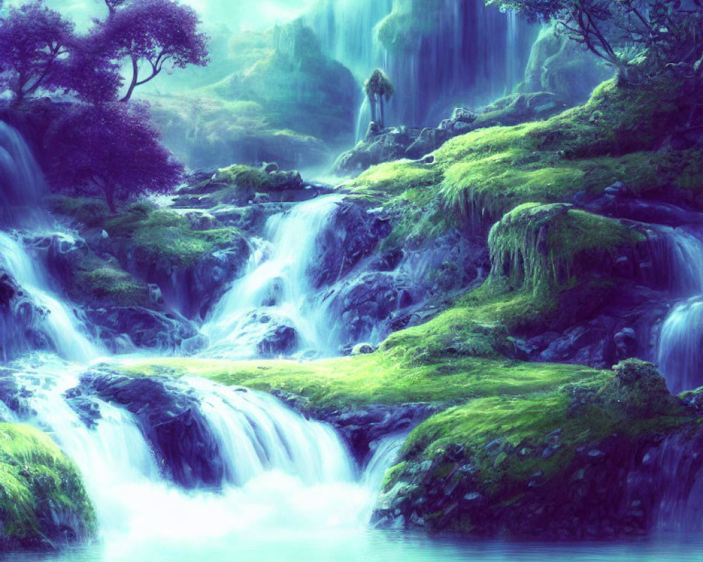 Tranquil misty landscape with lush greenery and waterfalls