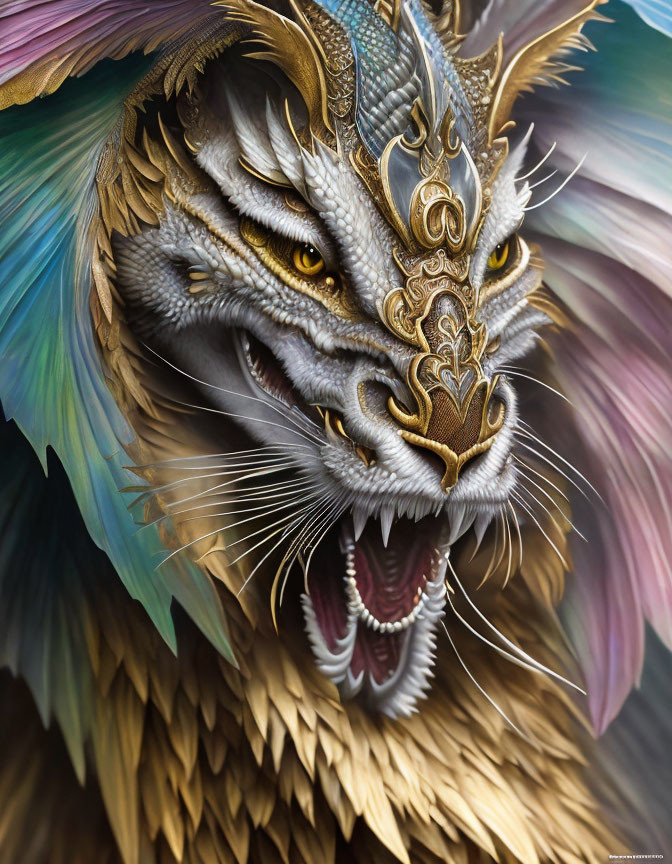 Detailed illustration of majestic dragon with multicolored feathers and metallic facial adornments