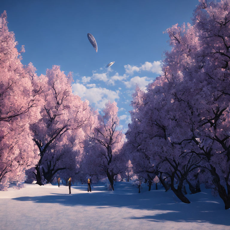 Winter landscape with pink blossoming trees, snow, people, and UFOs