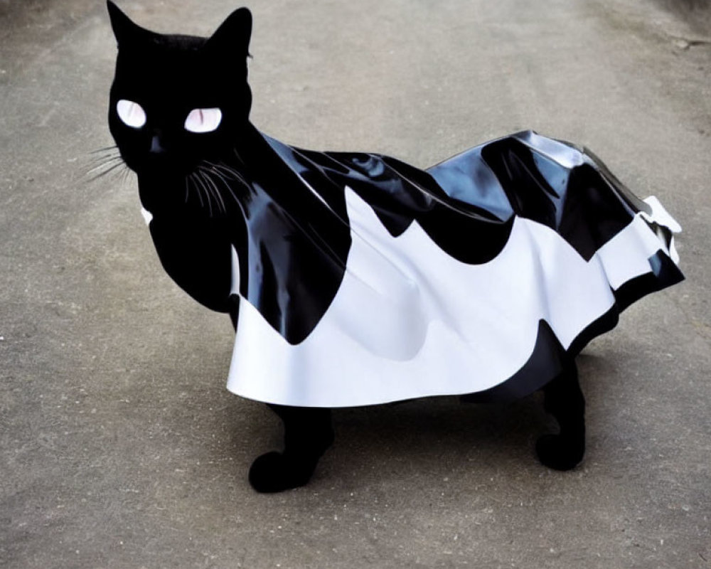 Exaggerated black and white cat sculpture on concrete path