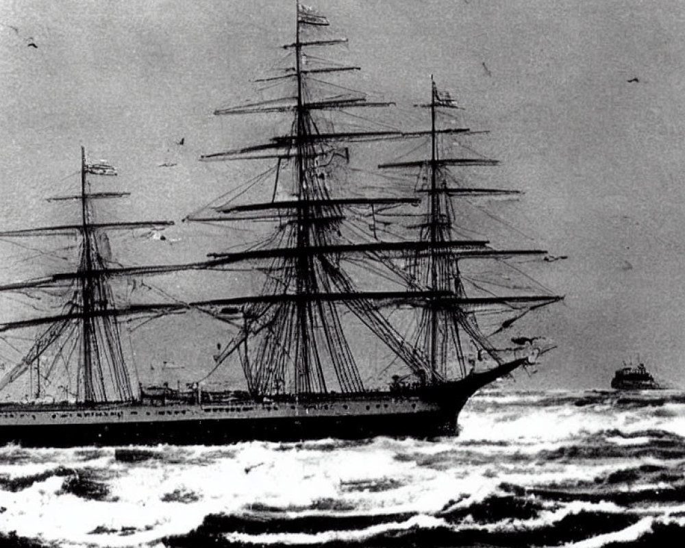 Vintage sailing ship with multiple masts on rough seas and birds in the sky