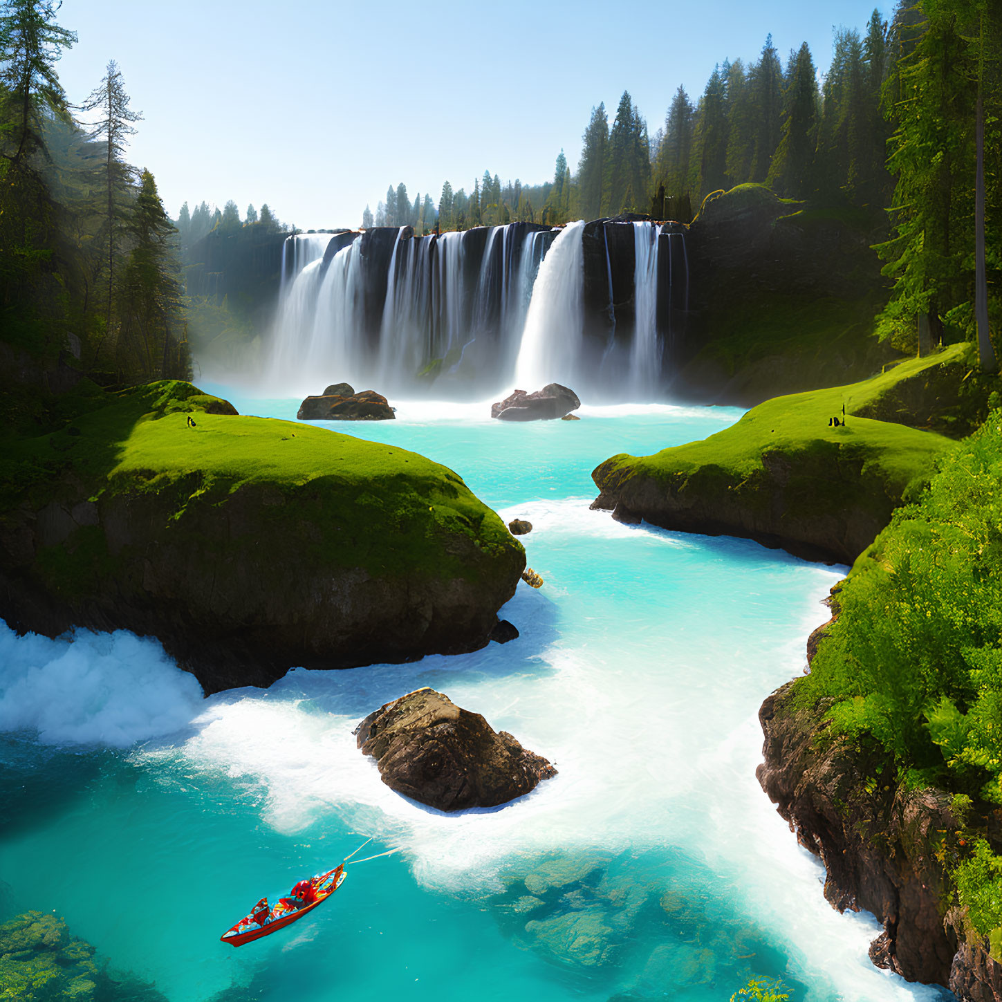 Majestic Waterfall Cascades into Turquoise River with Kayaker