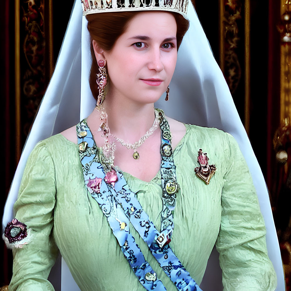 Historical royal woman in tiara, pearl jewelry, and sash against luxurious backdrop