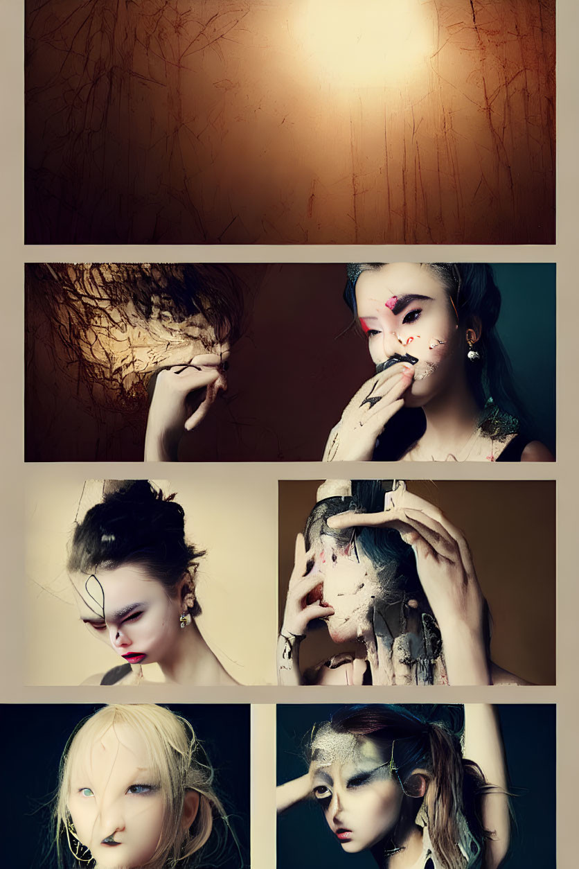 Stylized portraits with artistic makeup and emotive expressions on dark abstract backdrop