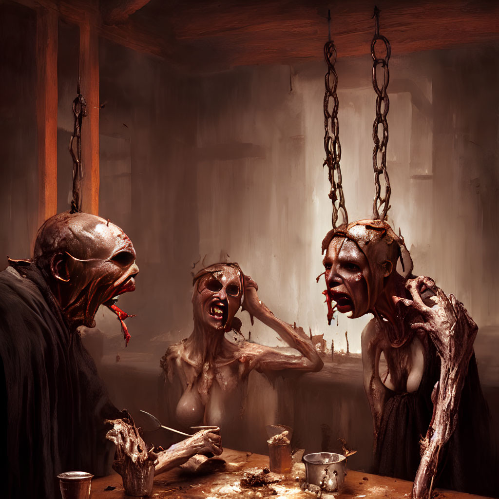 Elongated head humanoid figures in macabre scene at table