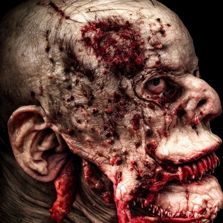 Grotesque zombie-like creature covered in blood and wounds