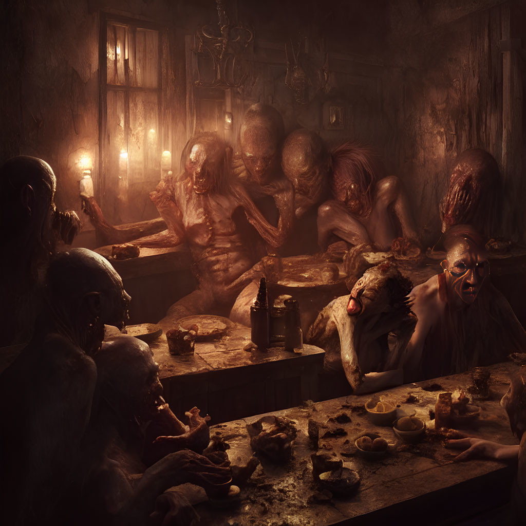 Eerie room with humanoid creatures in dim candlelight