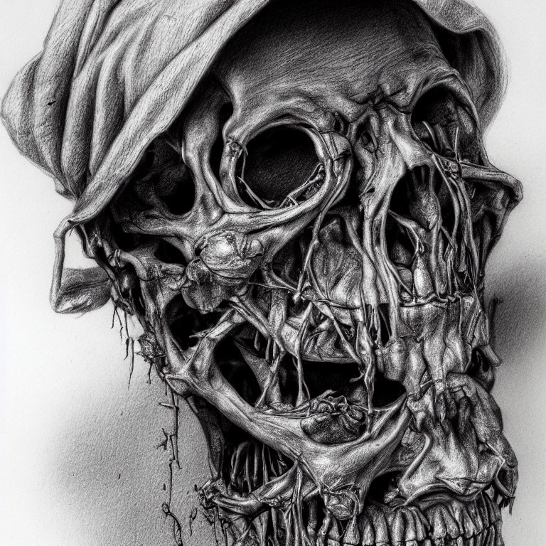 Detailed pencil drawing of skull with draped hat, intricate textures & shading