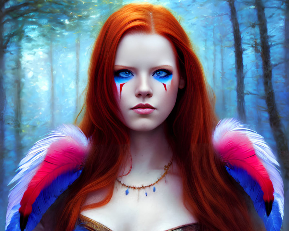 Vivid red-haired woman with blue eyes in ethereal forest portrait