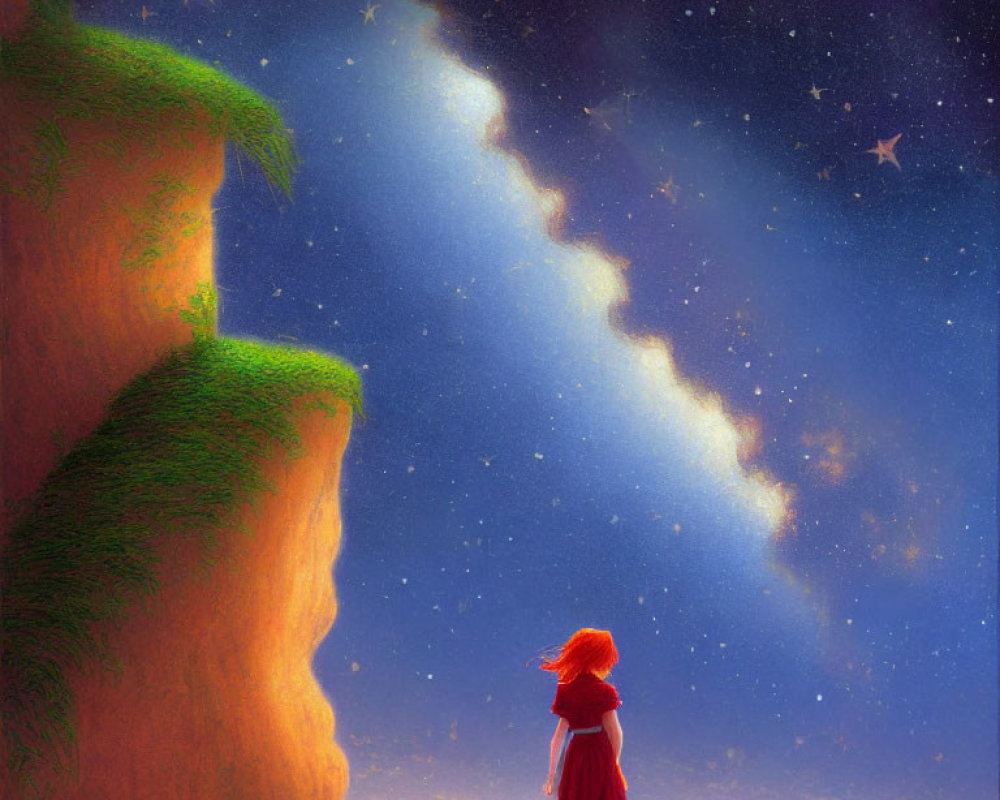 Red-haired girl in dress gazes at starry night sky on cliff with Milky Way horizon