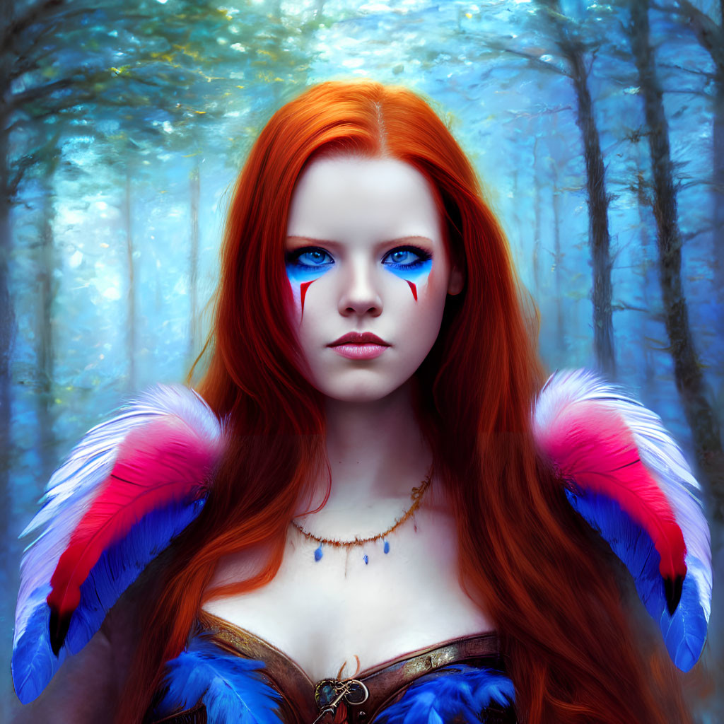 Vivid red-haired woman with blue eyes in ethereal forest portrait