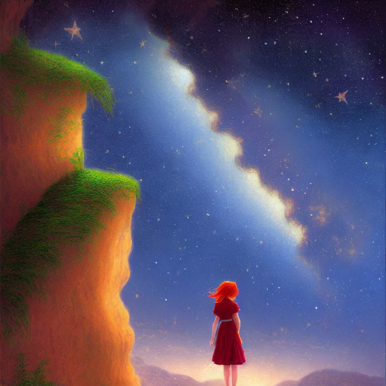 Red-haired girl in dress gazes at starry night sky on cliff with Milky Way horizon