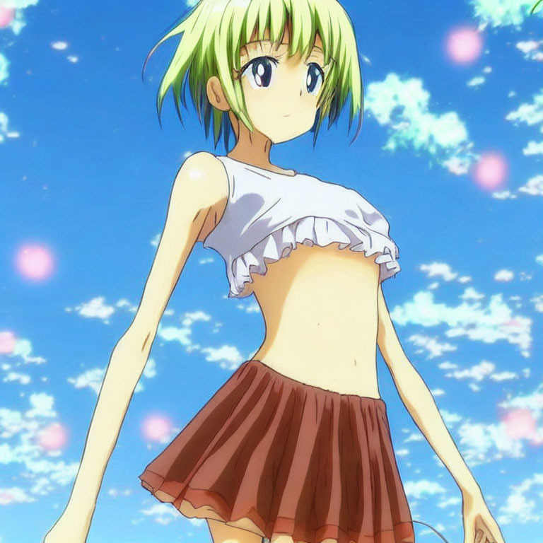 Anime girl with green hair in white crop top and brown skirt under blue sky with pink petals.