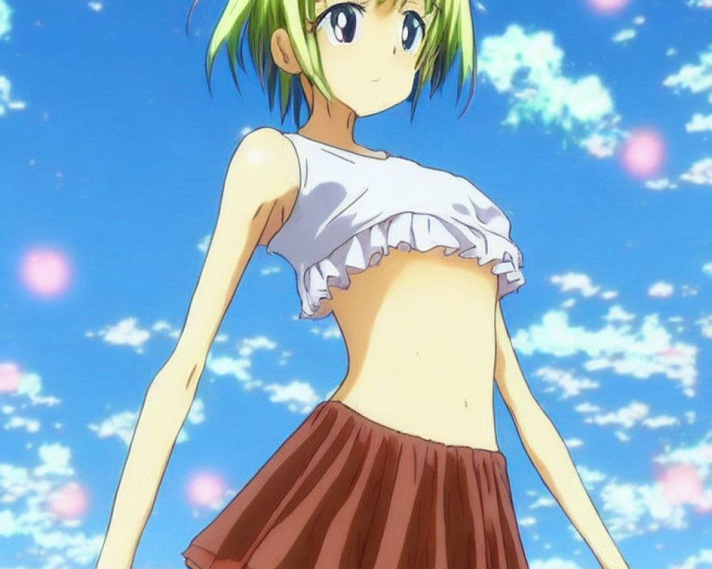 Anime girl with green hair in white crop top and brown skirt under blue sky with pink petals.