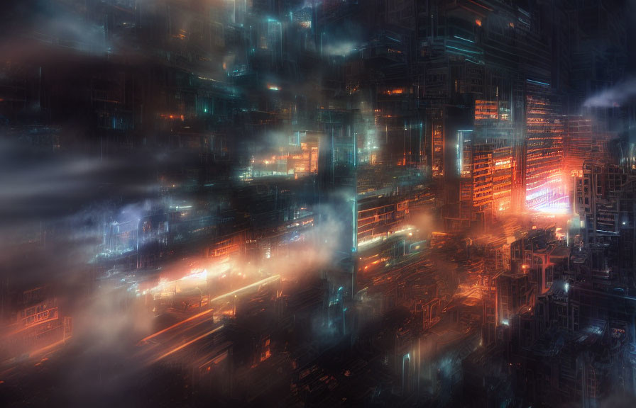 Futuristic night cityscape with glowing skyscrapers and traffic streaks