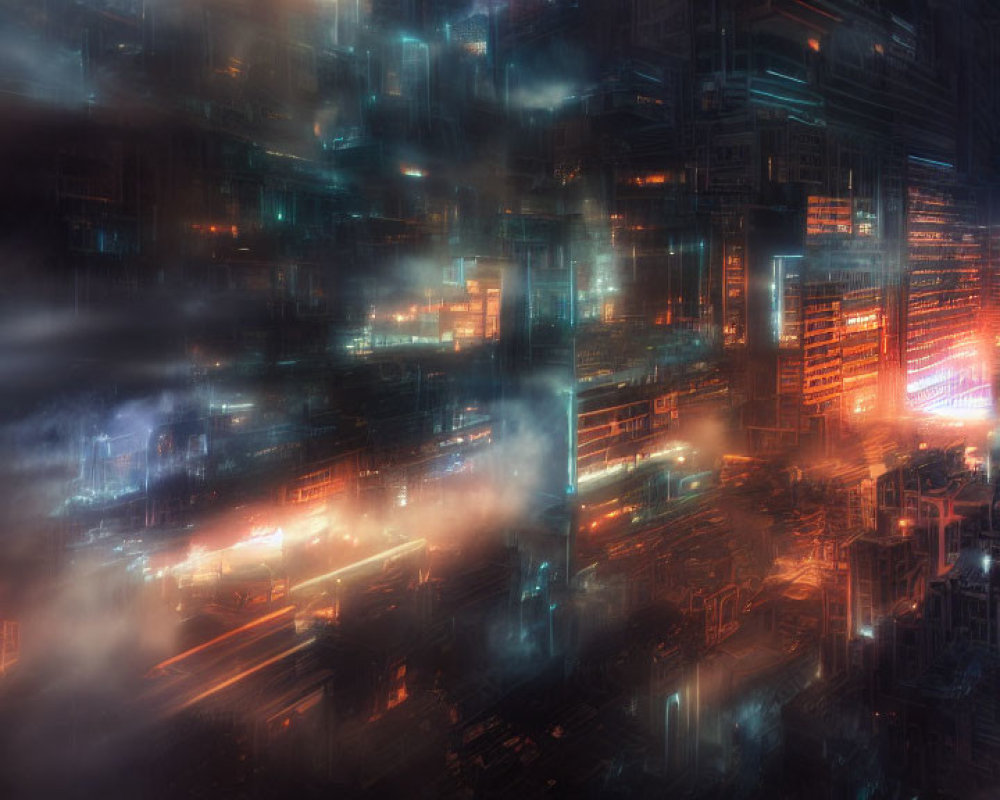 Futuristic night cityscape with glowing skyscrapers and traffic streaks