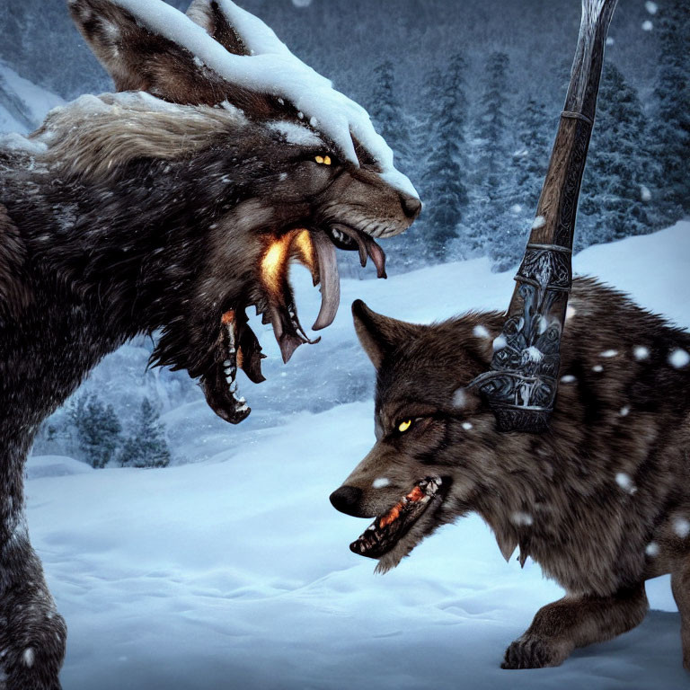 Fantastical wolves with glowing eyes and fiery breath in snowy landscape