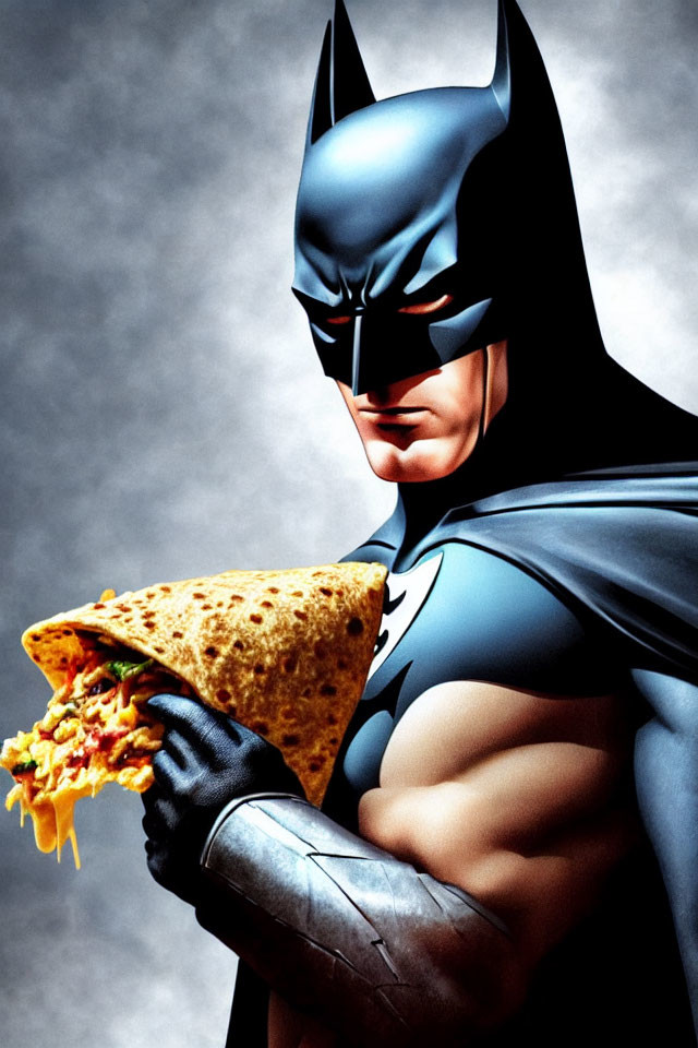 Superhero in costume with pizza slice in hand on grey background