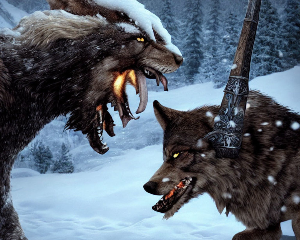 Fantastical wolves with glowing eyes and fiery breath in snowy landscape