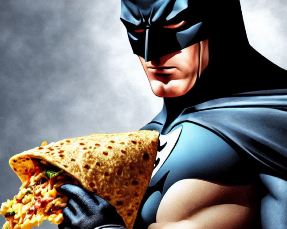 Superhero in costume with pizza slice in hand on grey background