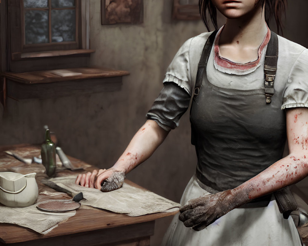 Young girl with blood splatters and rolling pin by table and window