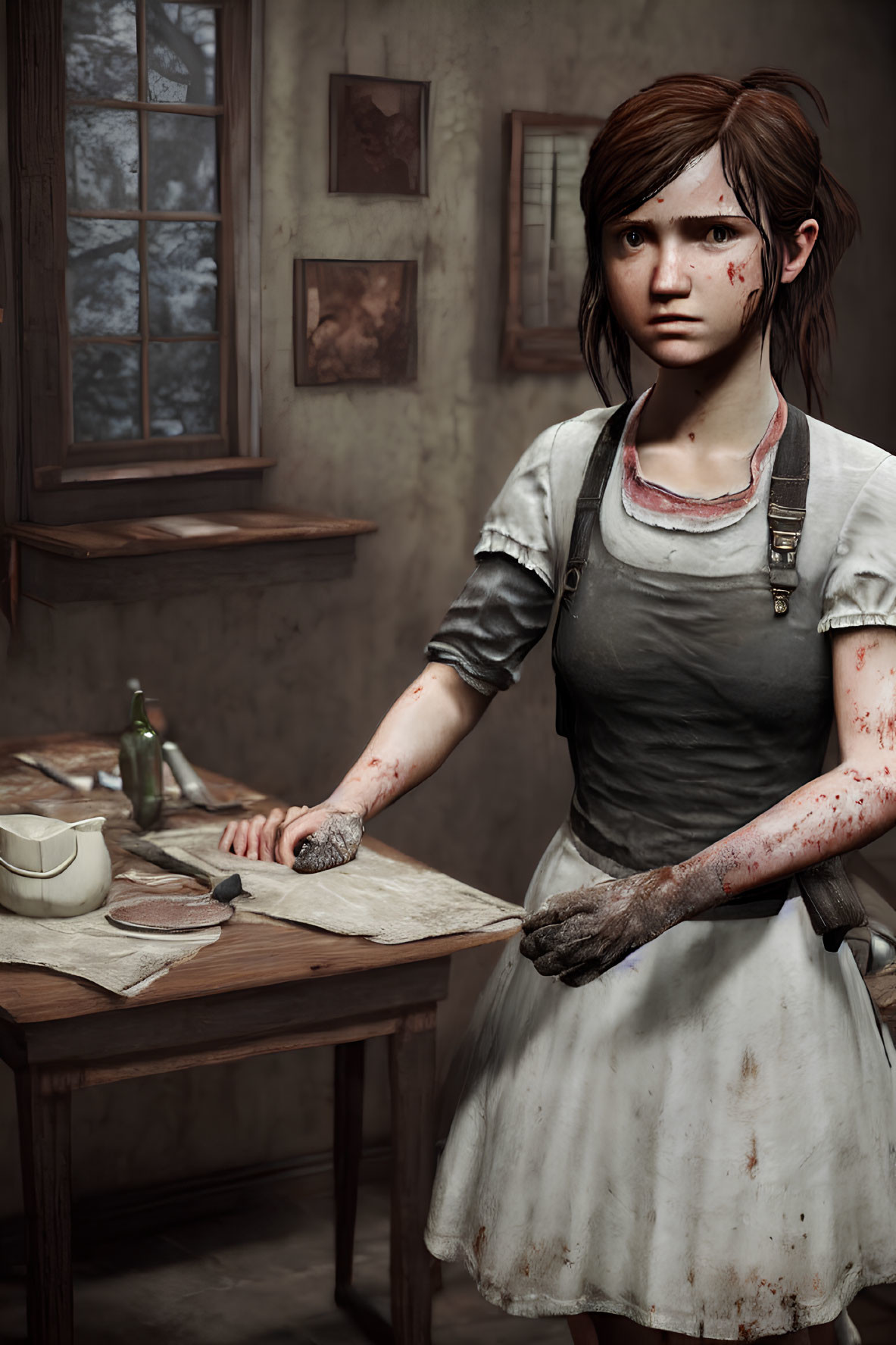 Young girl with blood splatters and rolling pin by table and window