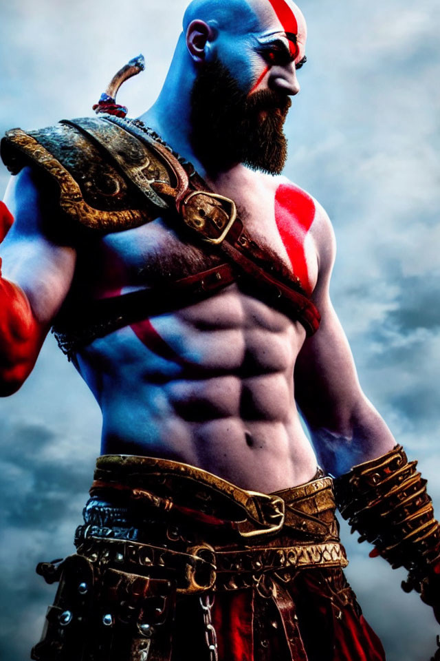 Muscular character with red facial mark wields shield under stormy sky