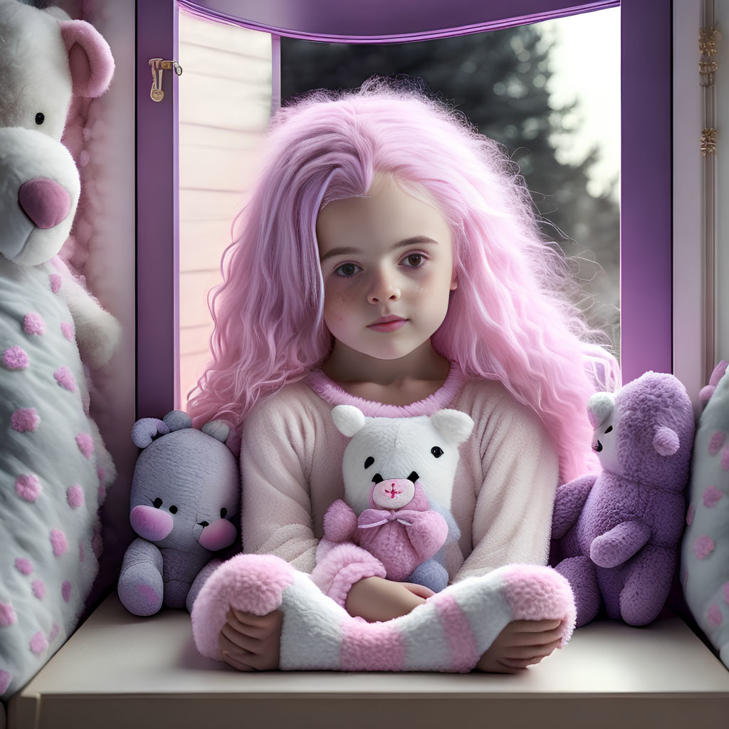 Pink-haired girl surrounded by lavender and gray teddy bears at window.