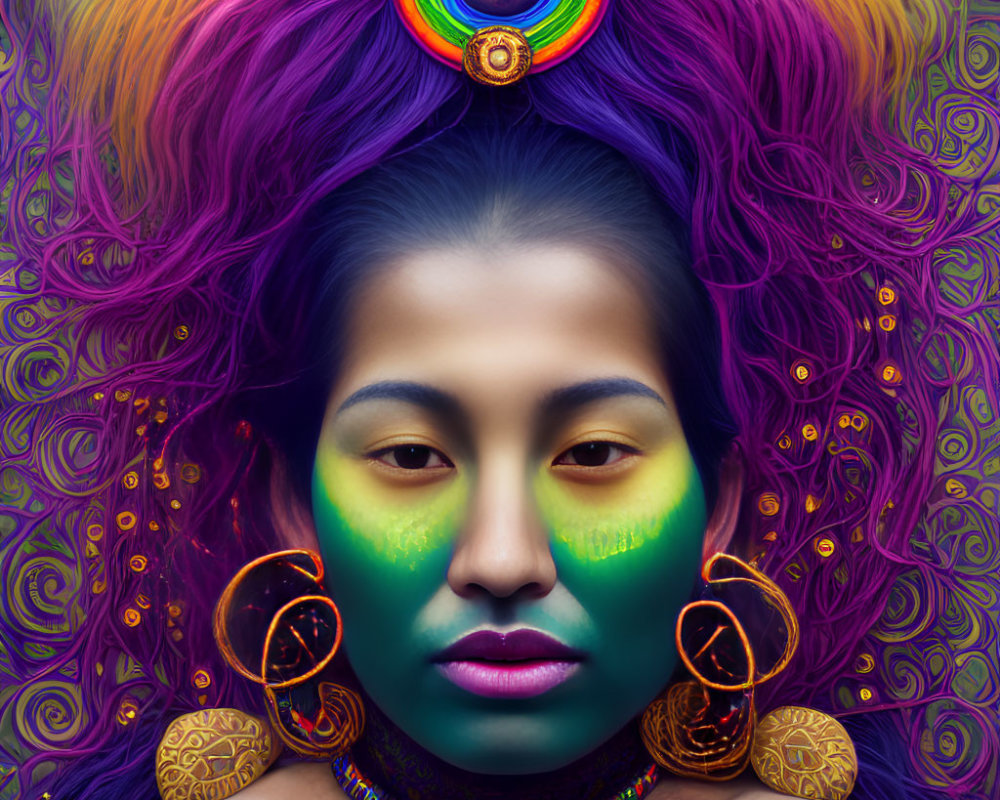 Colorful makeup and elaborate headdress in vibrant digital portrait