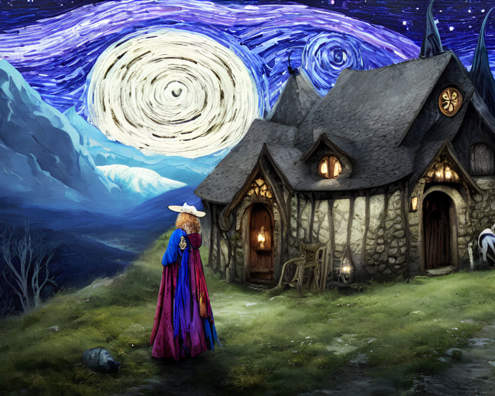 Illustration of person in hat and robe outside stone cottage under starry sky.