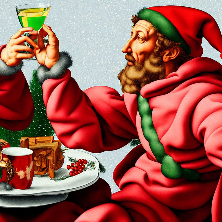 Man in Festive Red and Green Attire Toasts with Green Glass in Holiday Setting