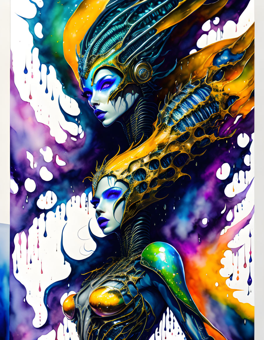 Colorful artwork featuring futuristic female figures with intricate headdresses against a psychedelic cosmic background.