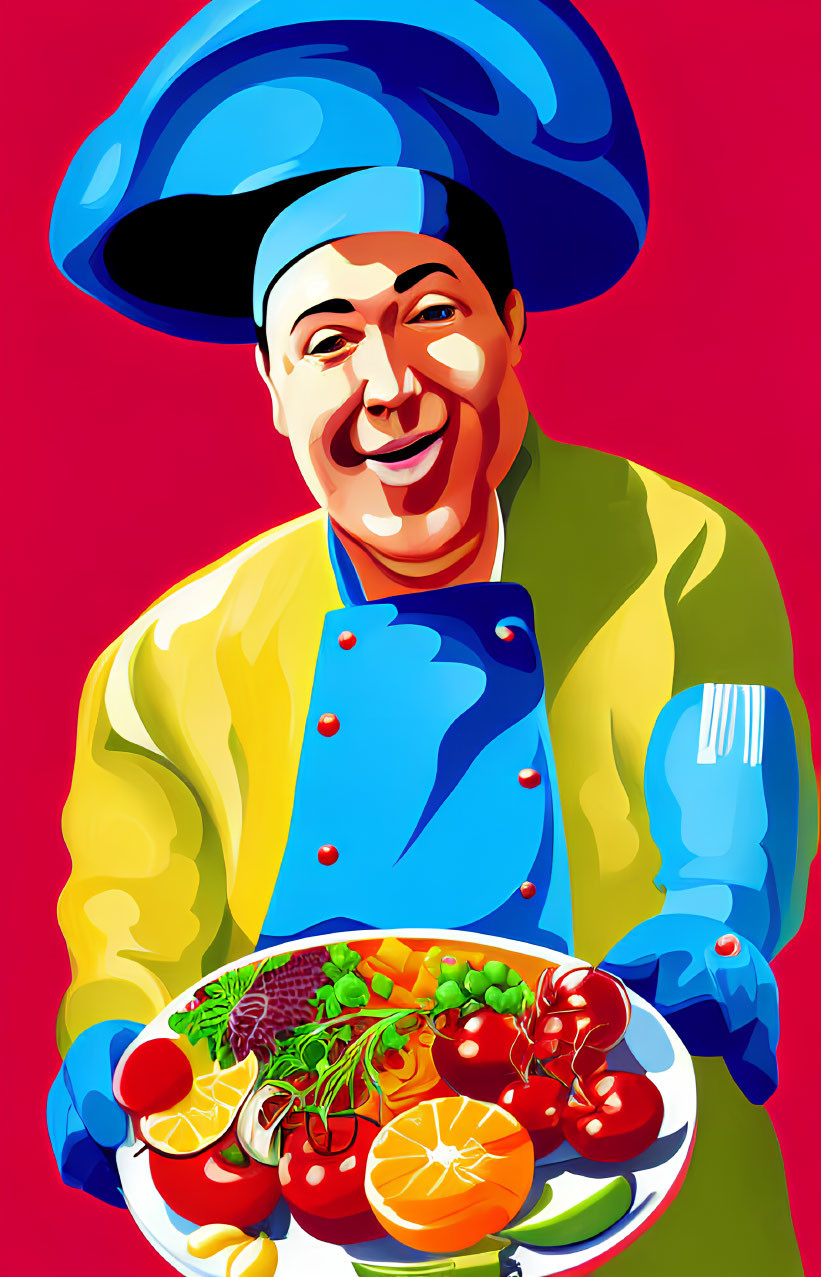 Smiling chef with fruits and vegetables on red background