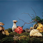 Whimsical landscape with mushroom houses under moody sky