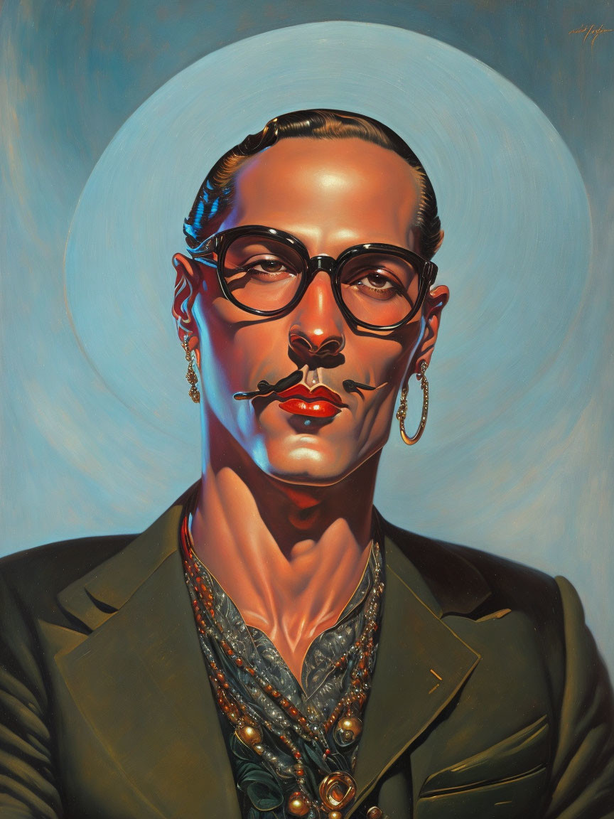 Portrait of a person with halo-effect, retro glasses, mustache, earrings, and necklaces