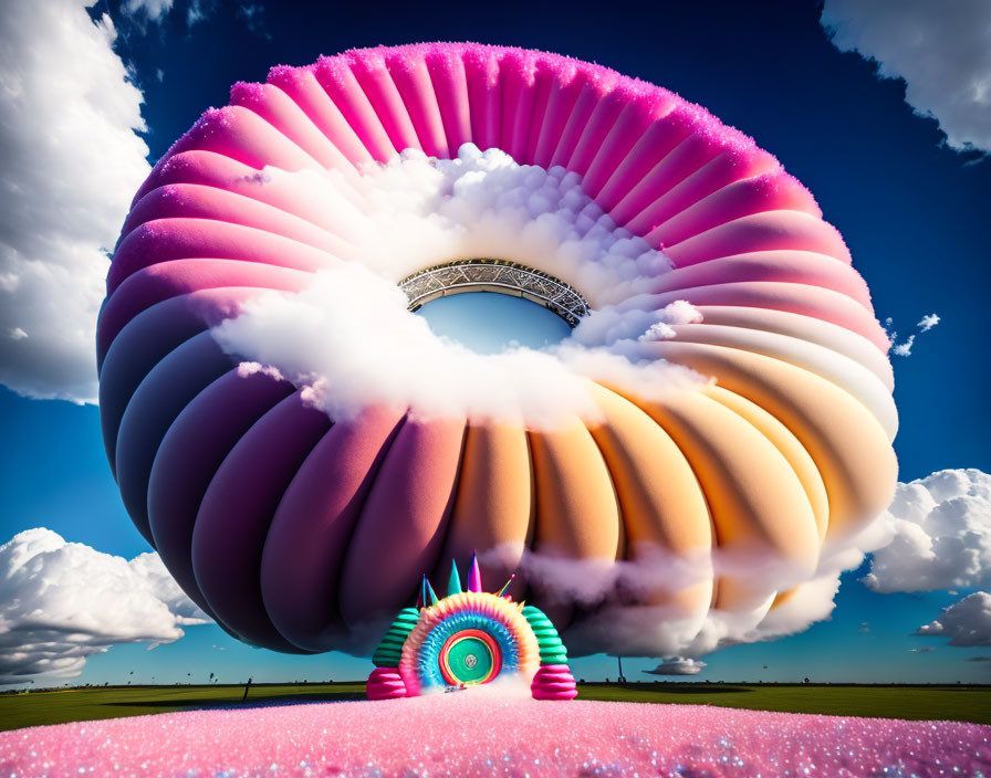 Colorful torus-shaped structure floating above vibrant landscape.