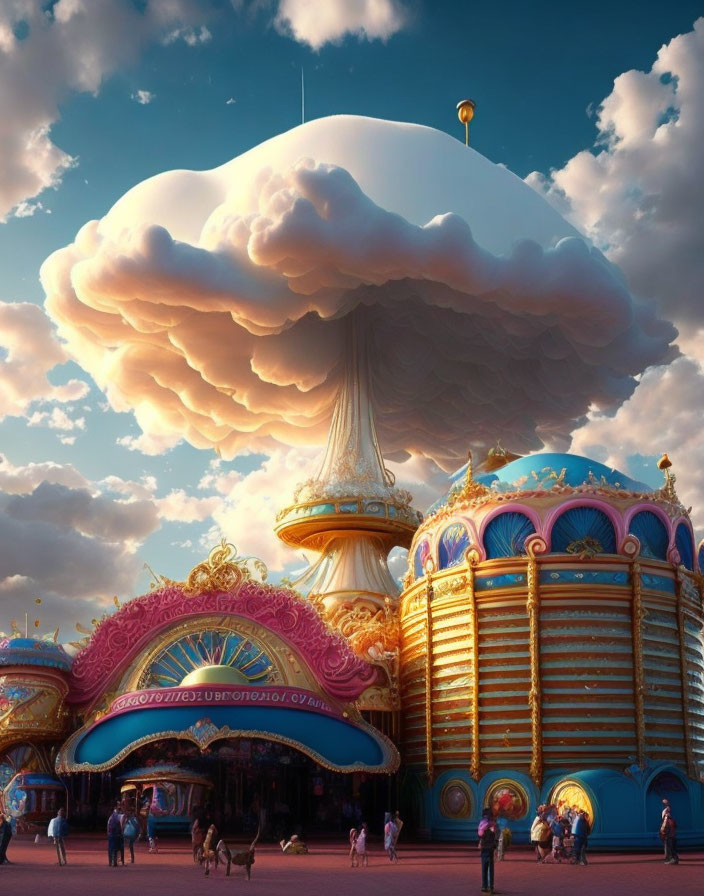 Colorful amusement park under mushroom-shaped cloud