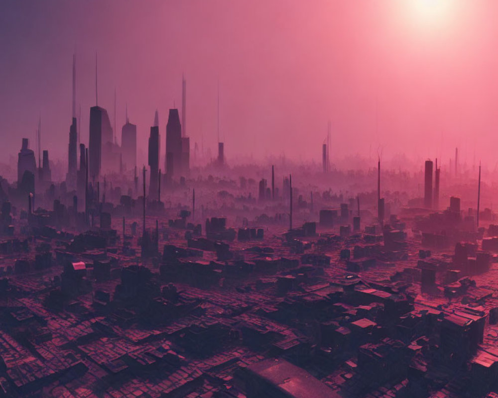 Dystopian cityscape with silhouetted skyscrapers in purple haze