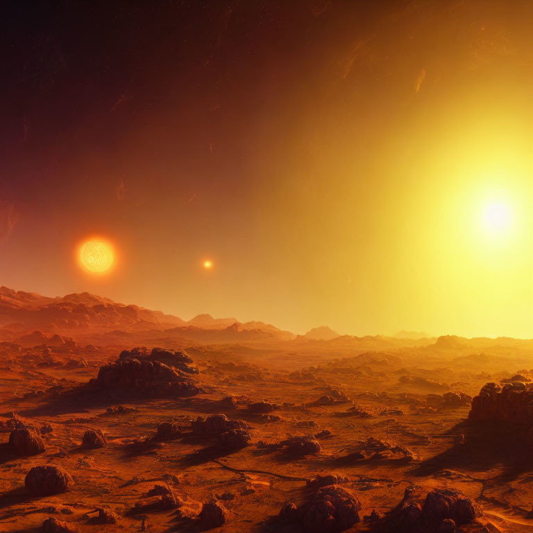 Alien rocky landscape under triple star system light