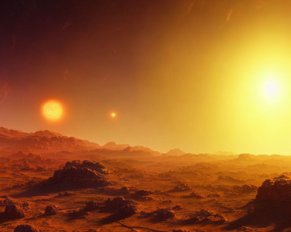 Alien rocky landscape under triple star system light