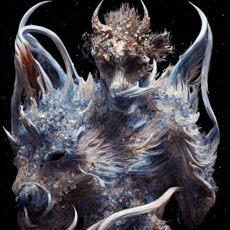 Abstract swirling creature with horn-like structures and crystalline textures on dark background