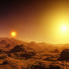 Alien rocky landscape under triple star system light