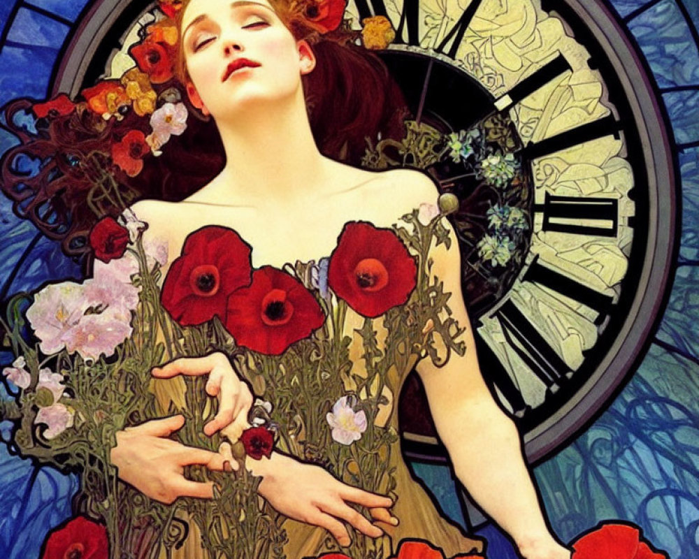 Woman with closed eyes surrounded by red poppies and flowers in stained-glass artwork