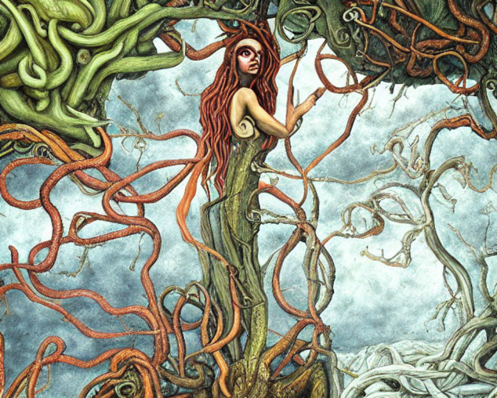 Fantasy illustration of woman with red hair among tree roots under cloudy sky