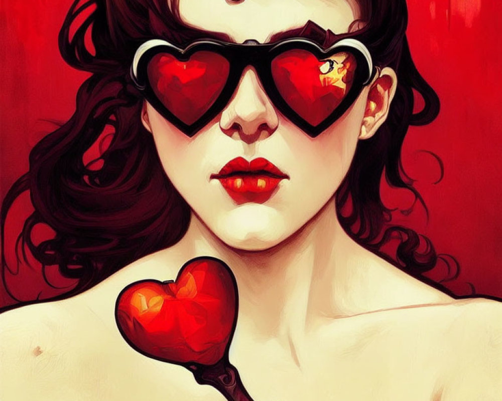 Vibrant portrait of woman with heart-shaped sunglasses and lollipop