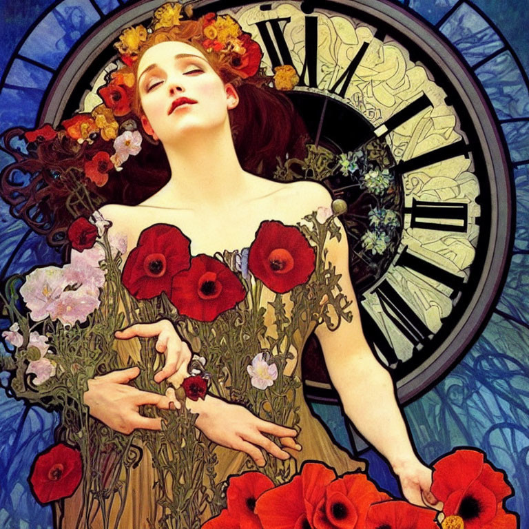 Woman with closed eyes surrounded by red poppies and flowers in stained-glass artwork